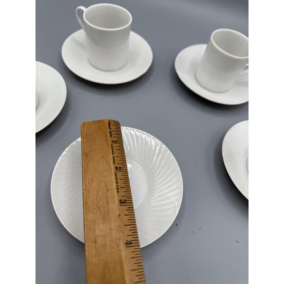 Set of 5 White Porcelain Espresso Cups & Saucers Ribbed Textured Pattern 2.5” - Picture 9 of 14